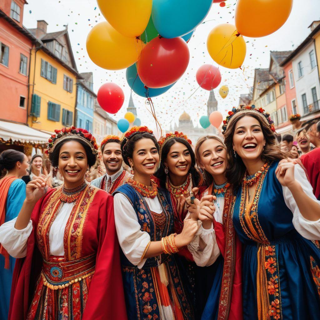 A diverse group of people from various cultures smiling and exchanging joyful moments at an international festival, surrounded by colorful decorations and traditional costumes. A backdrop of iconic landmarks symbolizing global unity, with balloons and confetti floating in the air. The scene radiates warmth and happiness, showcasing connections through laughter and shared experiences. vibrant colors. super-realistic. celebratory atmosphere.