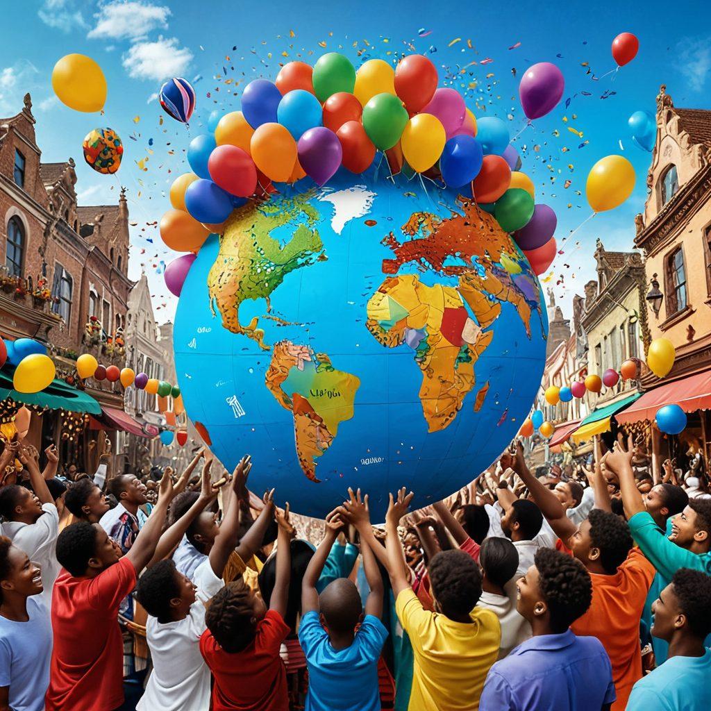 A vibrant globe surrounded by diverse communities celebrating together, showcasing people of various cultures exchanging gifts, sharing meals, and engaging in joyful activities. Bright smiles, colorful decorations, and symbols of happiness like balloons and confetti fill the scene. The background features iconic landmarks from different countries, emphasizing global unity in joy. super-realistic. vibrant colors. wide perspective.
